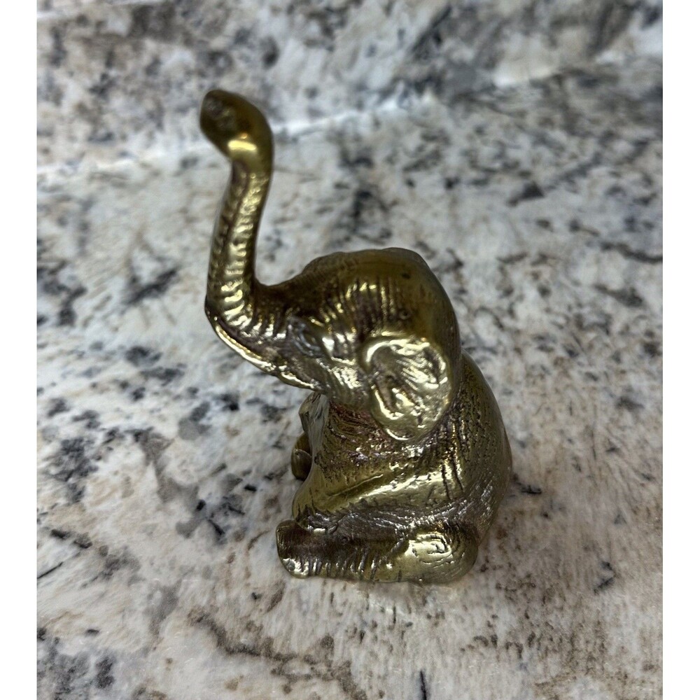 Vintage Solid Brass Sitting Elephant Figurine Trunk Up Collectible Ring Holder